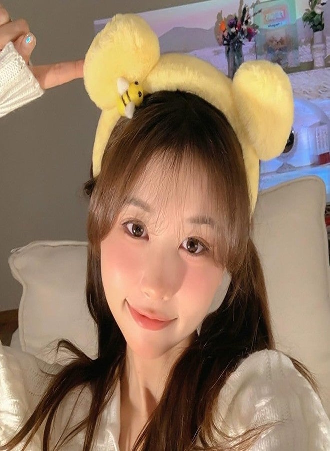 Capiant Yellow Plush Bear Ears Headband and Hair Ties, 2-Piece Spa Headband & Wristband Set, Soft Towels Washbands Elastic Plush Bear Spa Hairband, Ponytail Holders - Image 5